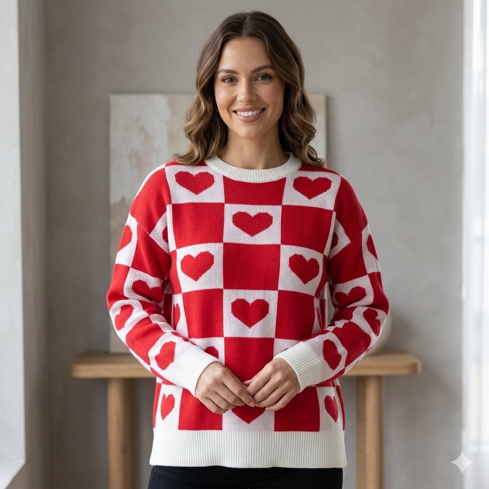 NWT Sincerely Jules Red and White Heart-Pattern Crewneck Woman’s Sweater SZ S